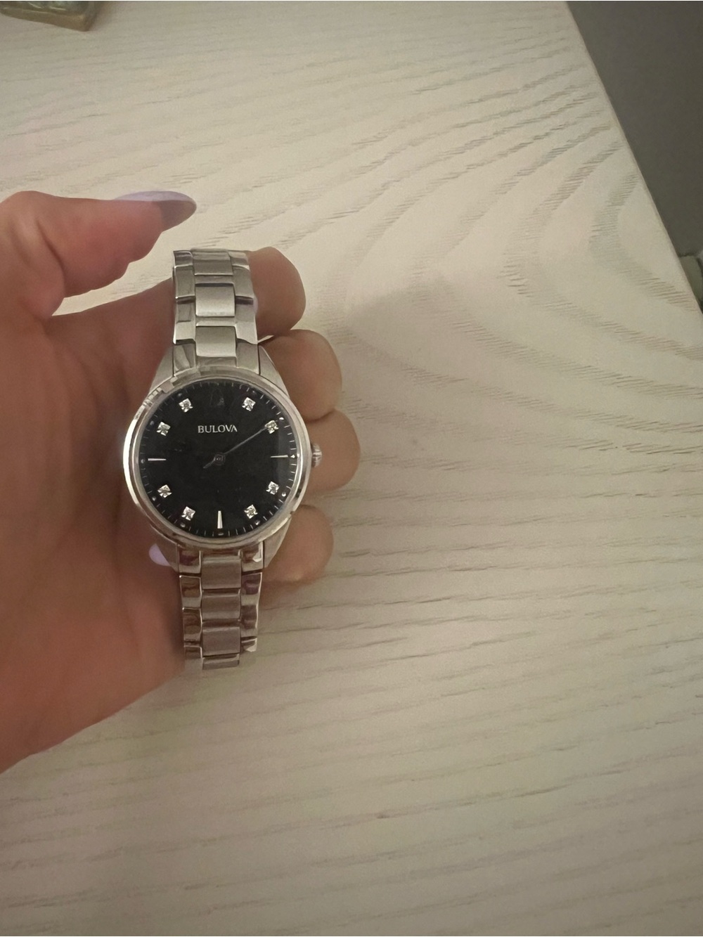 Bulova Silver-Tone Bracelet Watch with Black Dial and Crystal Markers